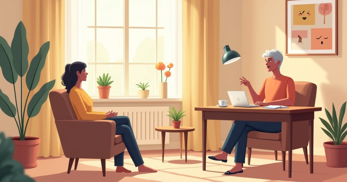 Ilustração de um escritório de terapia acolhedor, com uma poltrona e um terapeuta ouvindo um cliente.