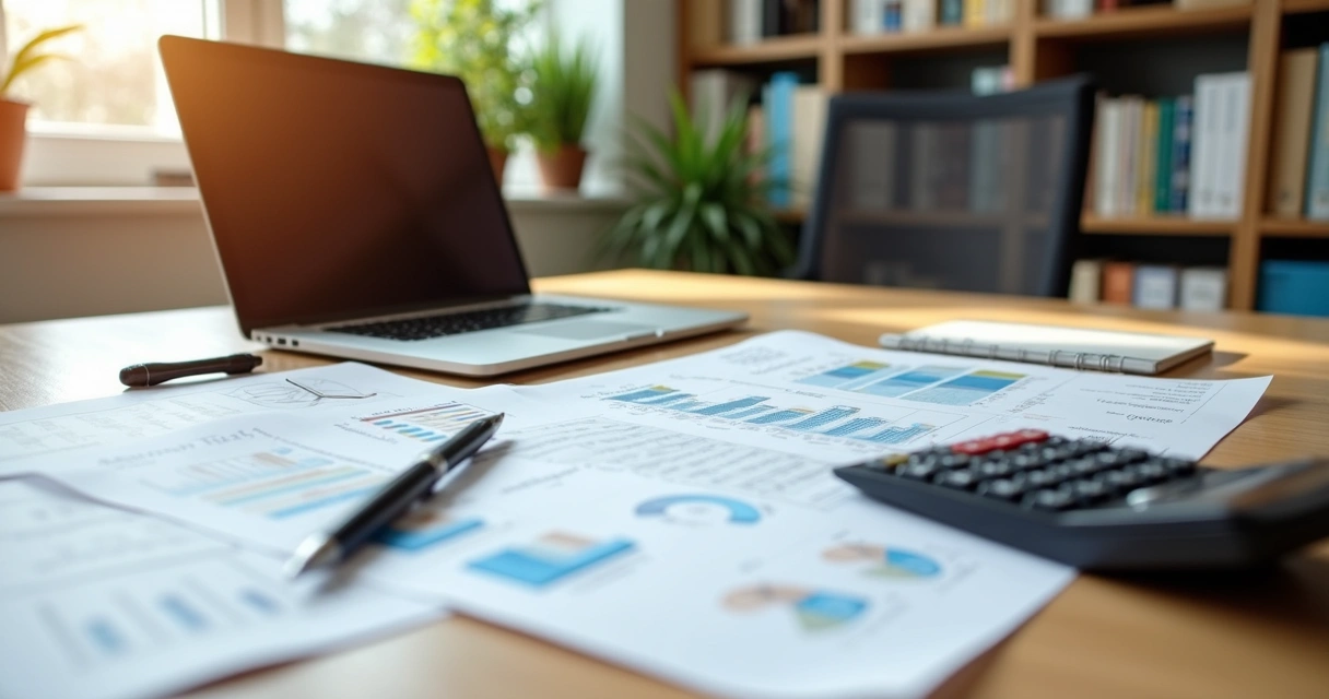 Mesa de trabalho com documentos fiscais, calculadora, laptop e caneta sobre superfície de madeira clara 