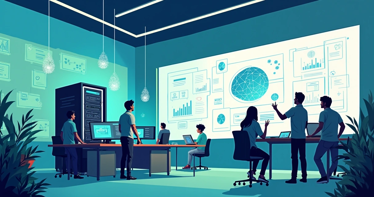 Ilustração de escritório moderno com tecnologia de deep learning, colaboradores interagindo e gráficos de análise. 