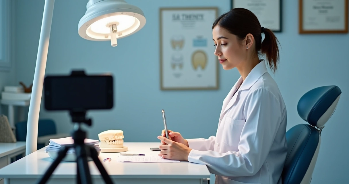 Dentista gravando vídeo educativo em seu consultório