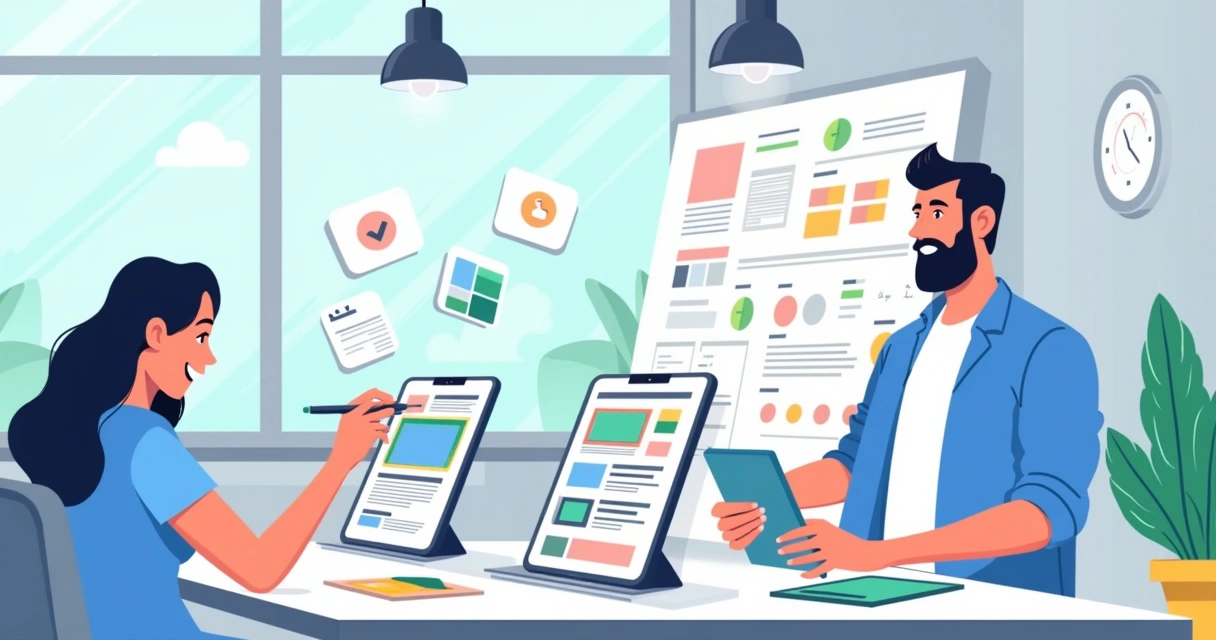 Espaço de trabalho moderno com foco em design UX e UI, mostrando aplicativo em smartphone e designer esboçando ideias.