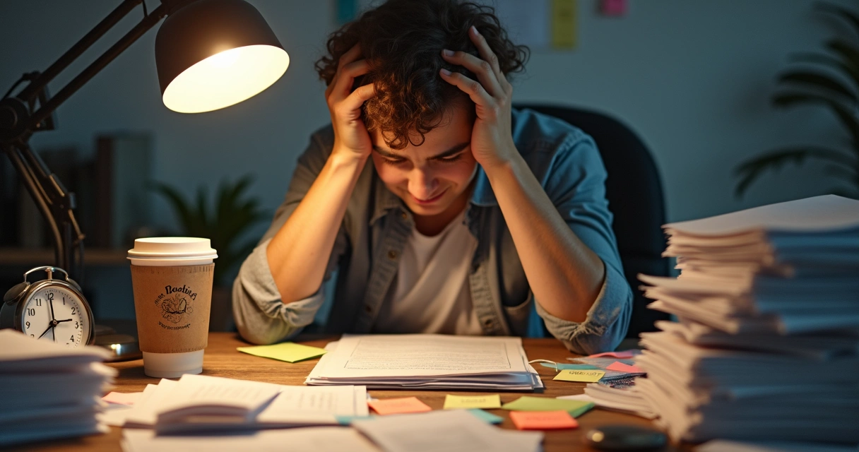 Mesa desordenada con papeles y reloj