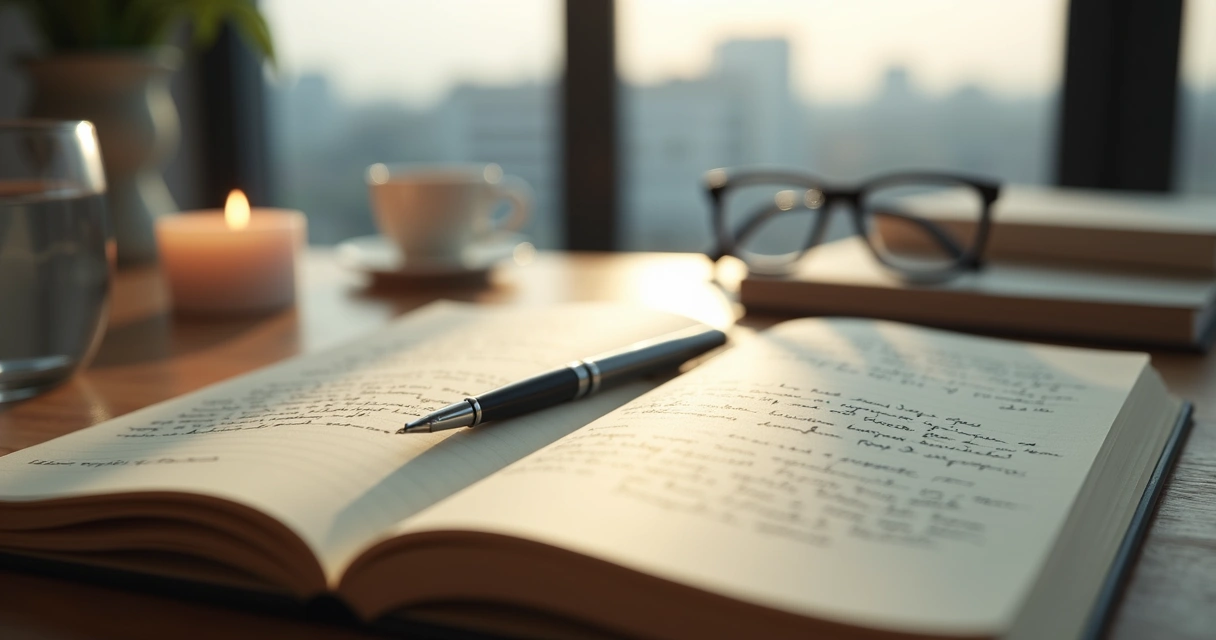 Cuaderno abierto con diario de autoconciencia sobre escritorio ordenado 