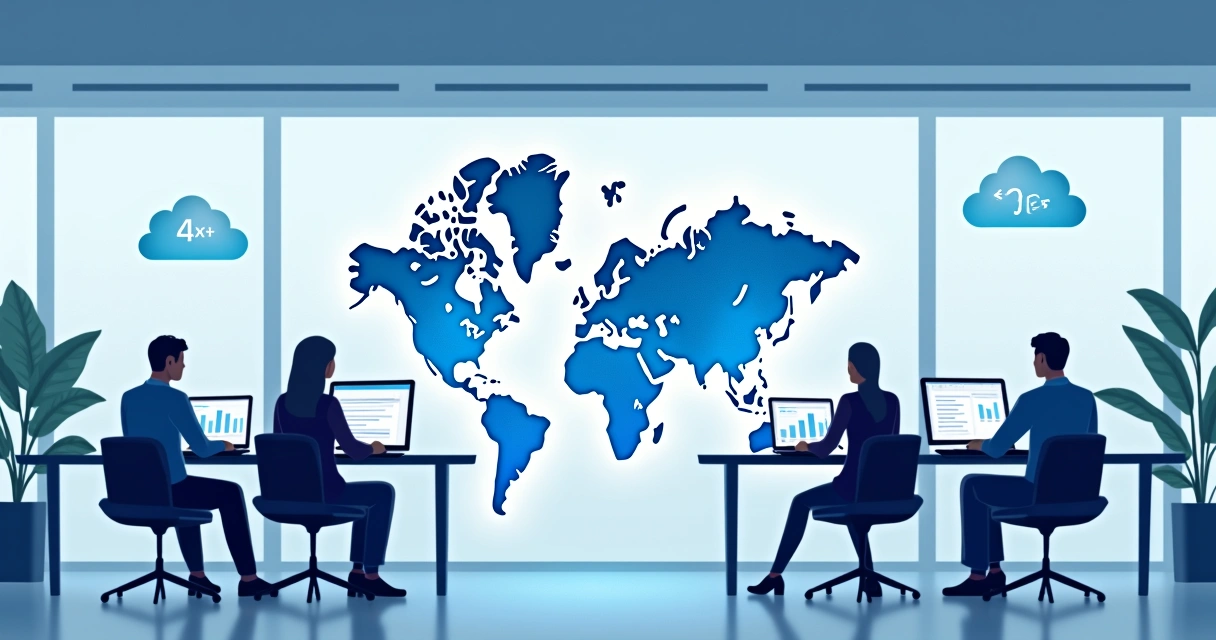 Representação de um escritório moderno com elementos de tecnologia e trabalho remoto