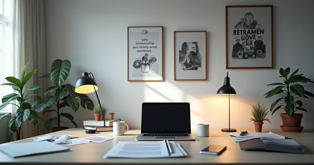 Sala de escritório digital com mesa, notebook e quadros na parede. 