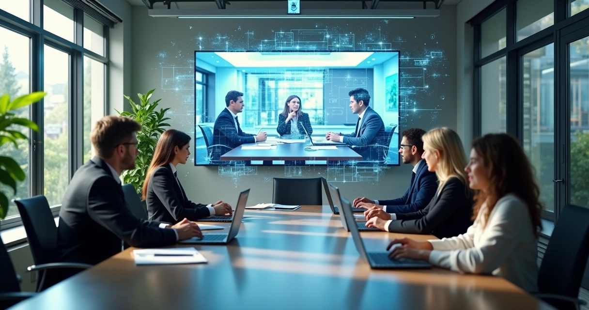 Mesa de escritório moderno com notebooks e videoconferência entre advogados 