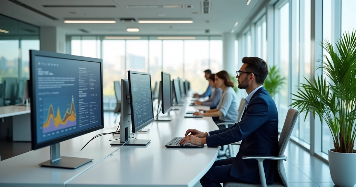 Advogados em um escritório digital usando computadores e telas grandes 