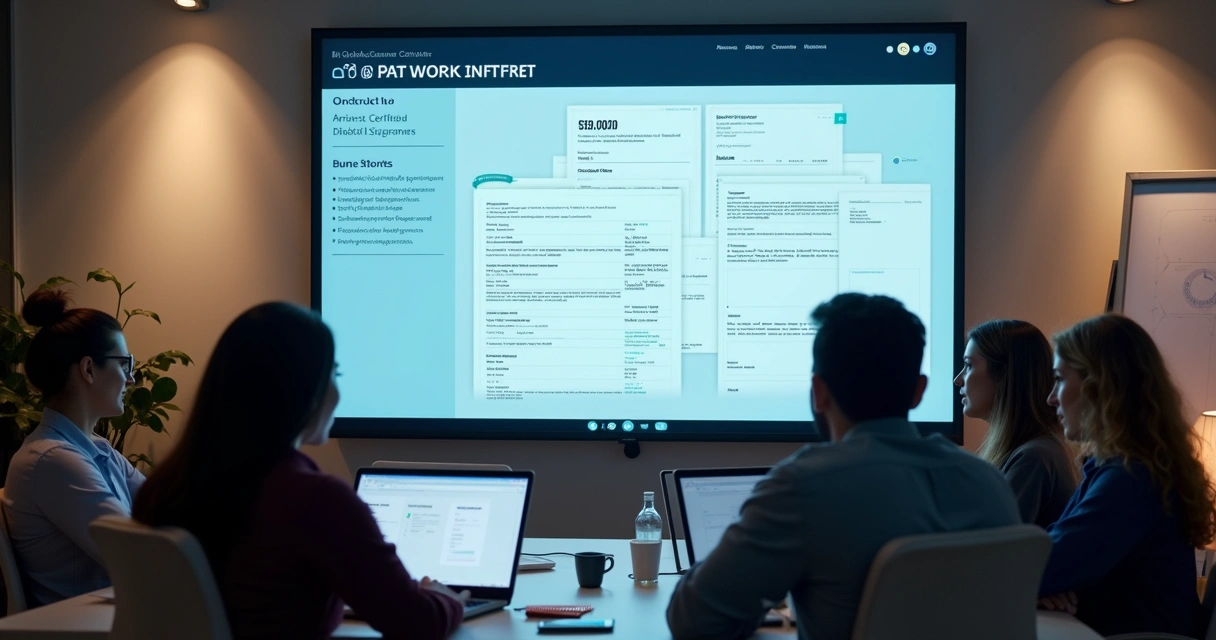 Equipe usando plataforma de gestão contratual com assinatura digital 