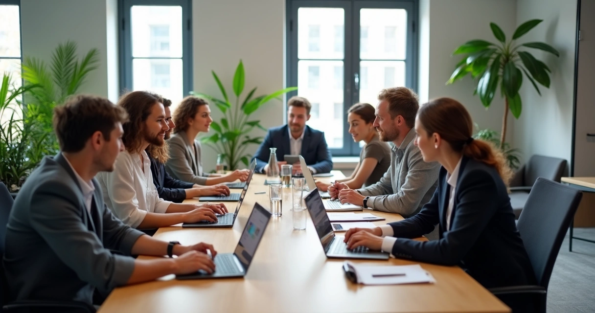 Equipe usando sistema digital colaborativo em um escritório moderno 