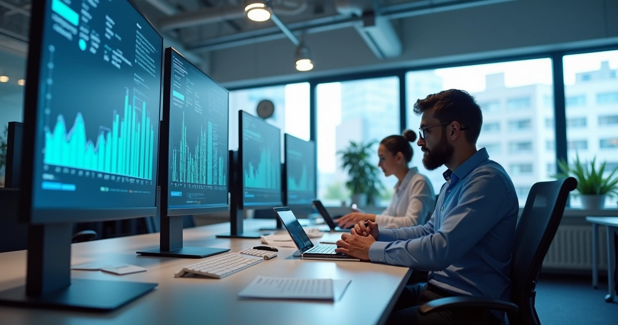 Ambiente de escritório de contabilidade moderno com tecnologia digital, telas e documentos eletrônicos 