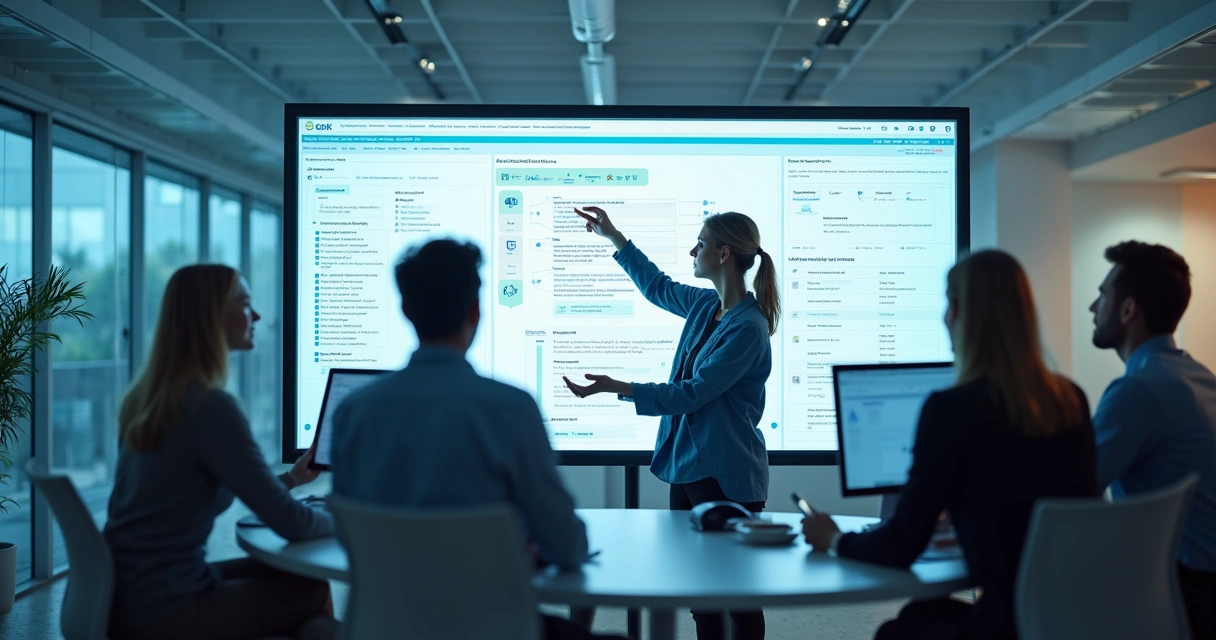 Equipe em escritório digital usando computadores e documentos digitais na tela