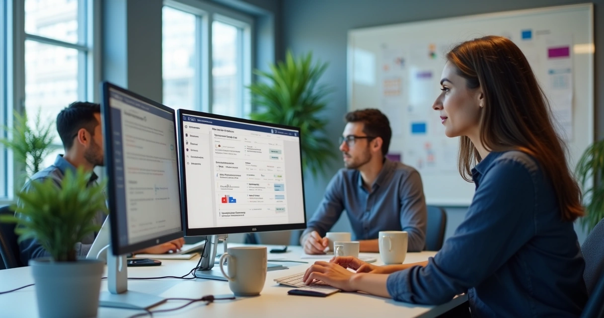 Equipe digital gerenciando e-mails em escritórios conectados 