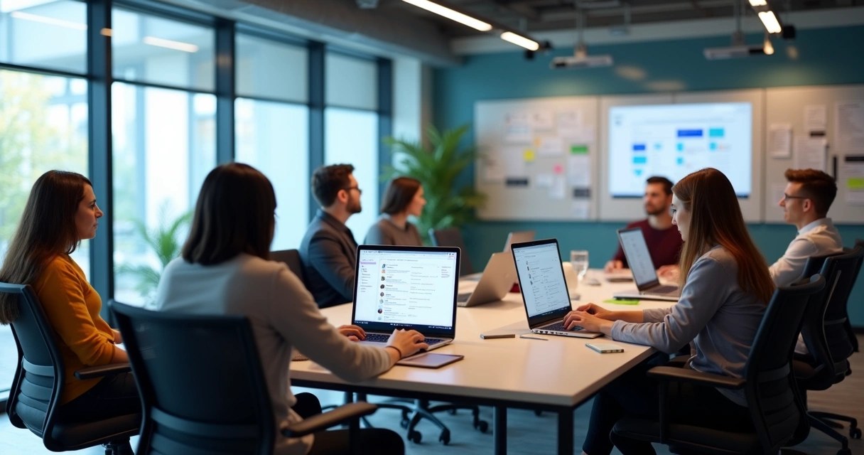 Equipe reunida em escritório digital colaborando em mesas com computadores 