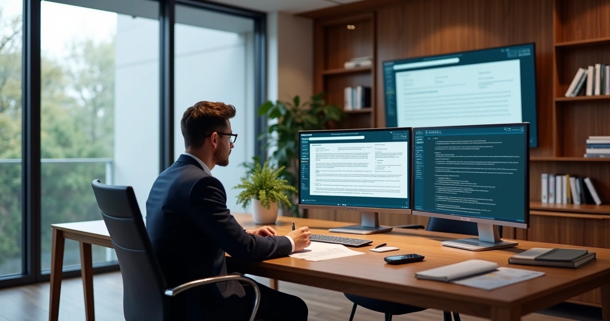 Advogado trabalhando em escritório digital moderno com telas e documentos 