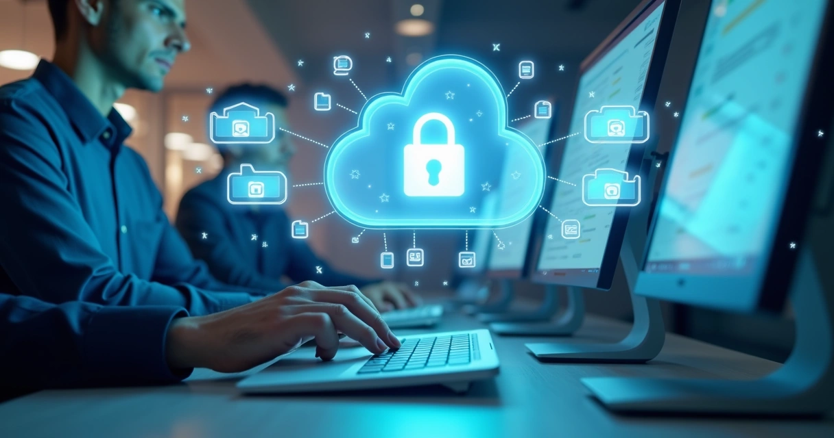 Ambiente de escritório digital com nuvem e arquivos digitais protegidos 