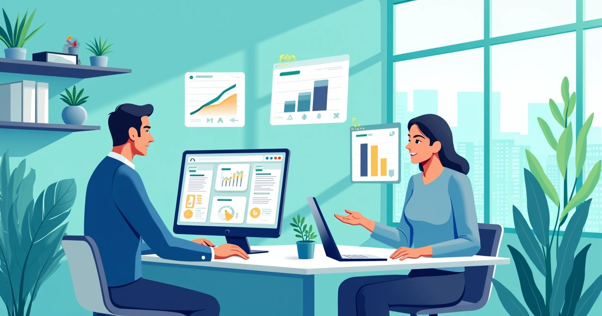 Ambiente de escritório digitalizado com software de ordens de serviço em tela e profissional trabalhando.