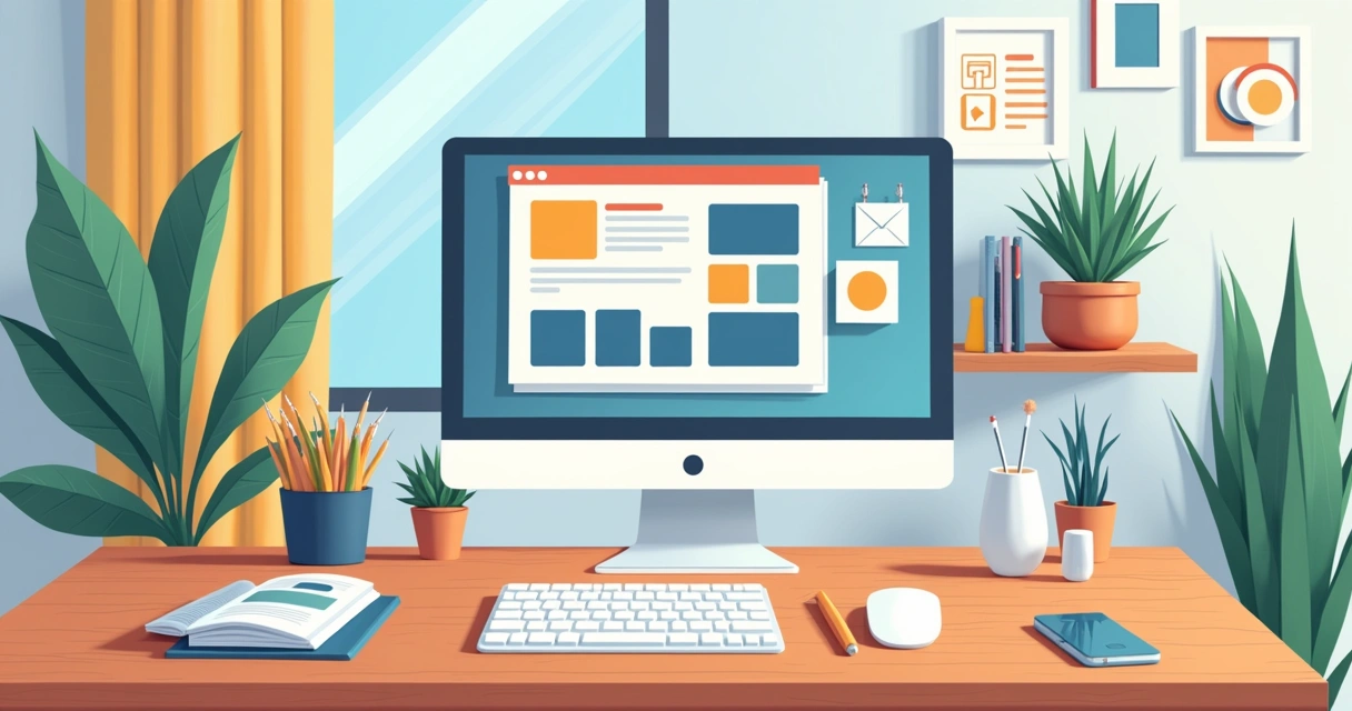 Ambiente de escritório digital com quadros, calendário e gráficos no monitor 