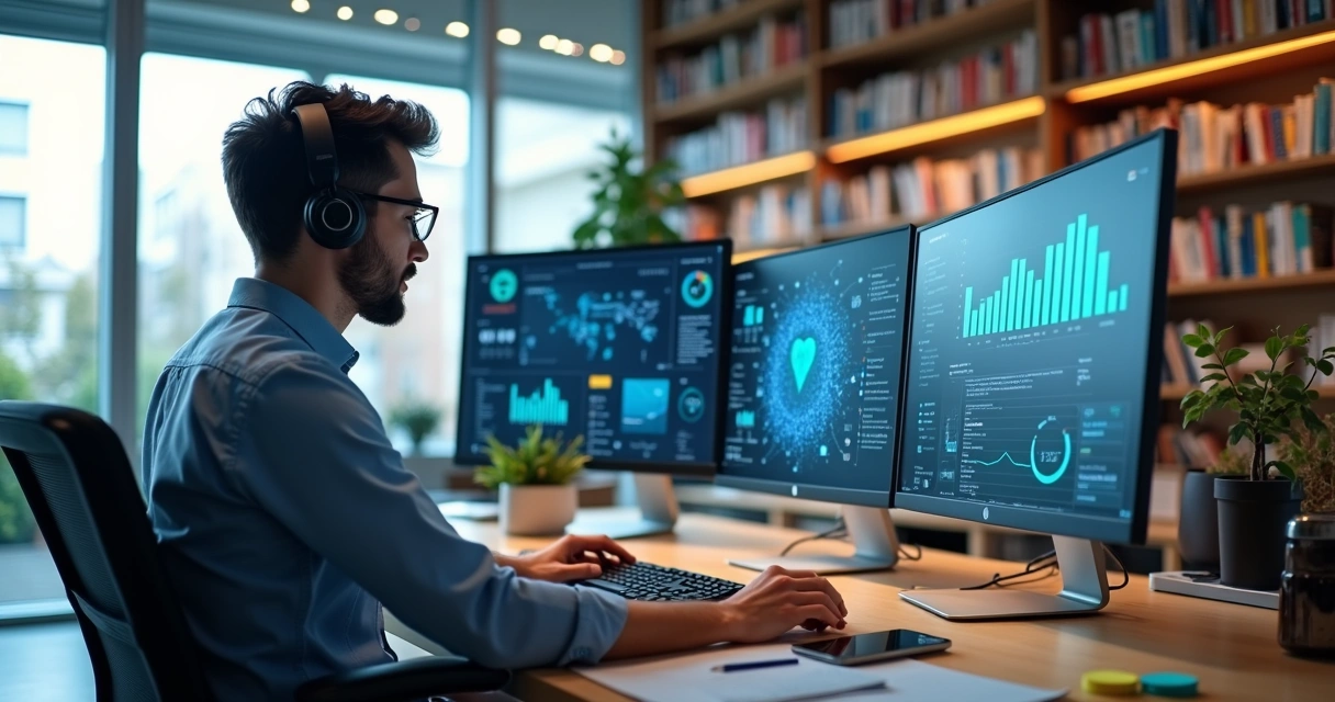 Profissional trabalha em escritório digital com vários monitores exibindo redes sociais 