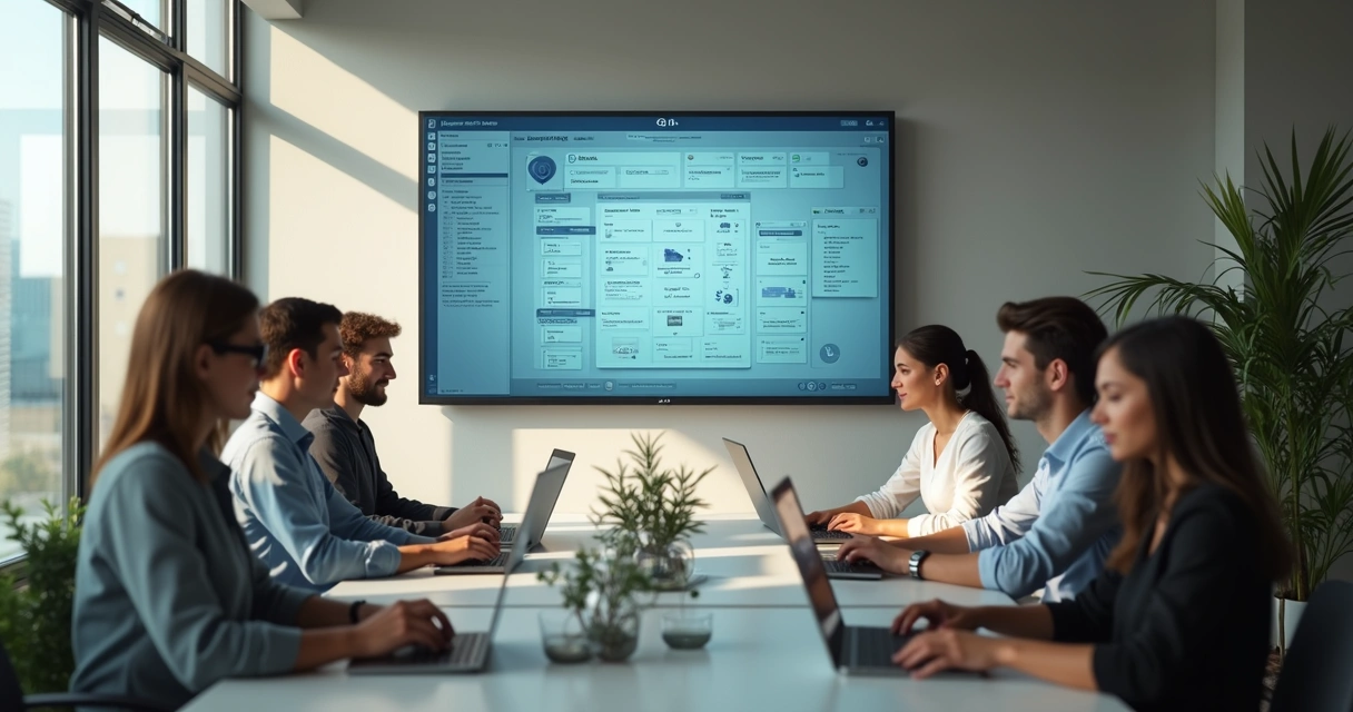 Equipe satisfeita em escritório digitalizado, com dados protegidos 