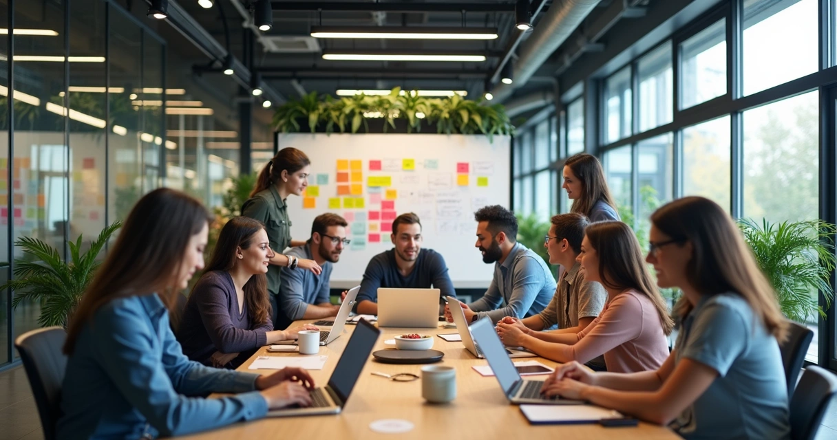 Ambiente de trabalho moderno com equipe colaborando