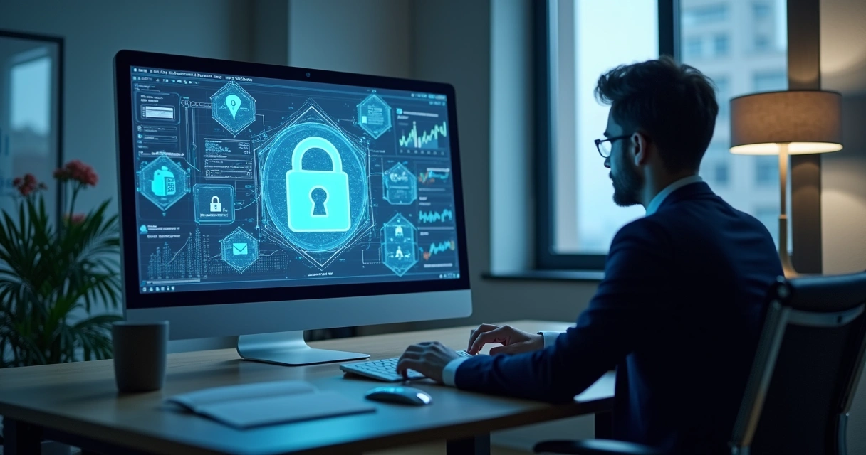 Advogado em escritório moderno analisando dados digitais na tela, gráficos e cadeado digital ao redor 