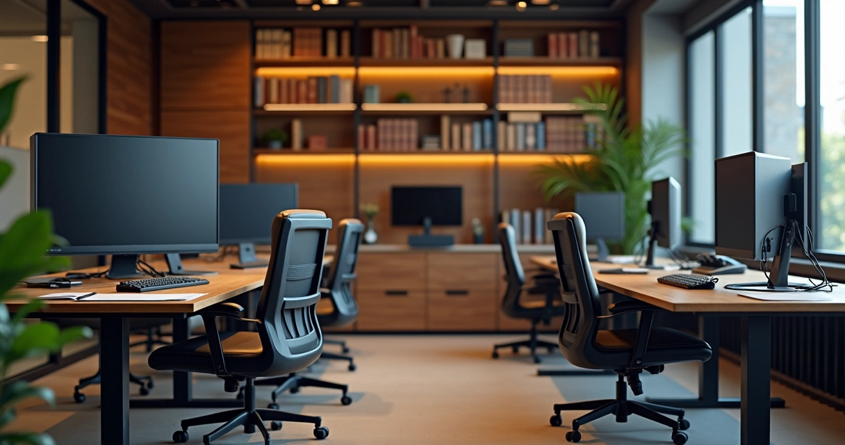 Vista interna de um escritório de advocacia previdenciária moderno com computadores e livros de direito 