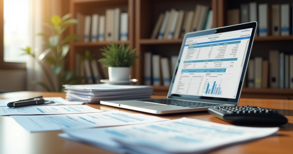 Mesa de escritório com documentos fiscais, calculadora e um notebook aberto exibindo planilhas de PIS e Cofins 