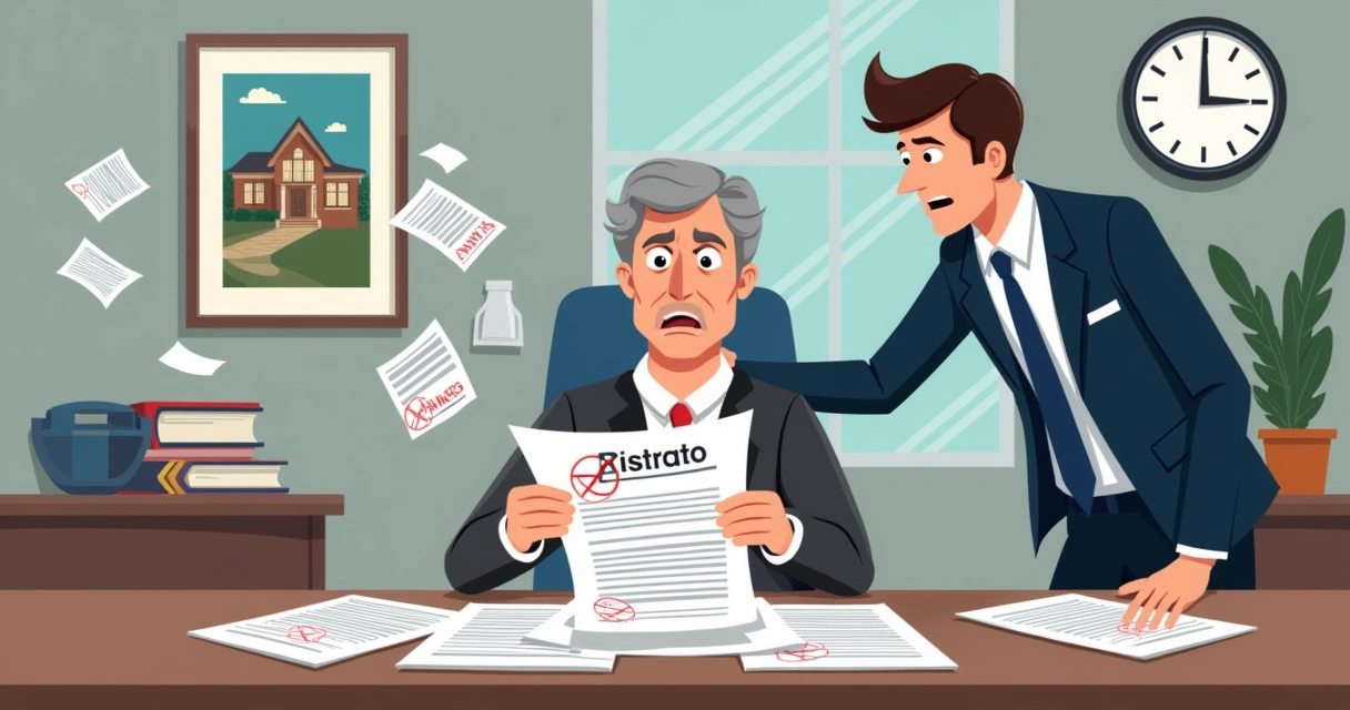 Ilustração de um escritório de imóveis com uma pessoa preocupada ao lado de um advogado, cercada por contratos sobre distrato.