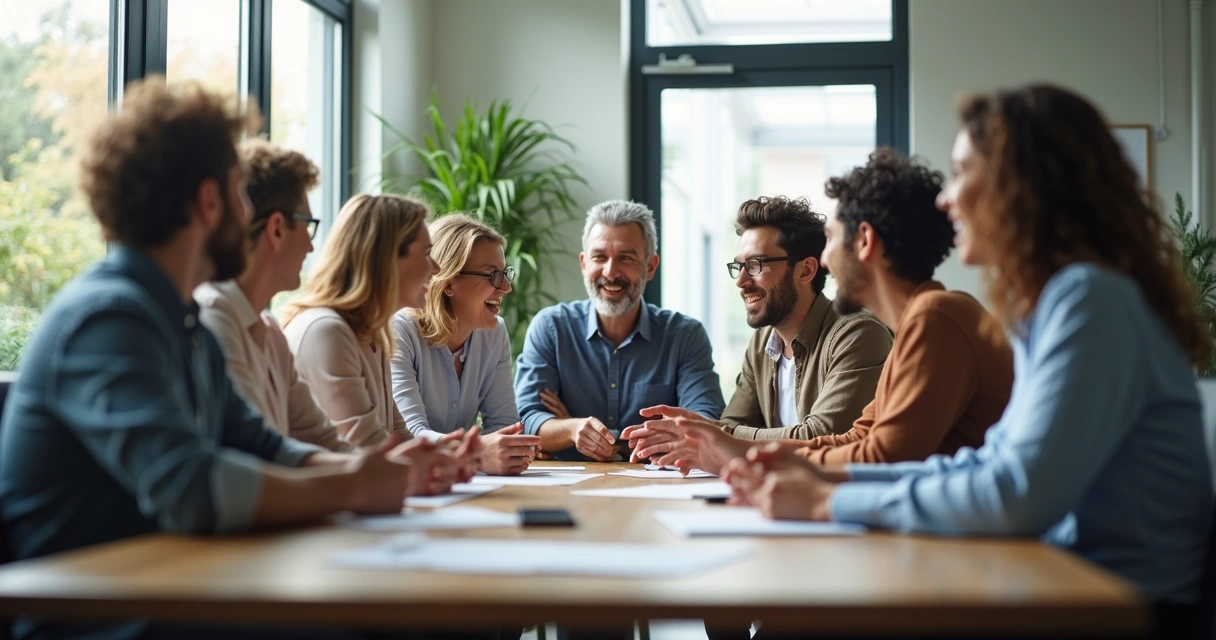 Equipe de trabalho com diversidade de pessoas interagindo 