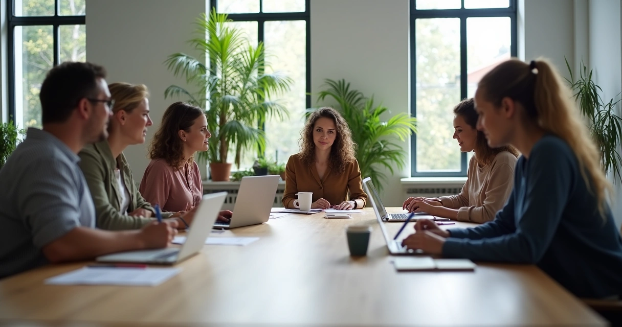 Equipe diversa reunida em uma sala de escritório, conversando em torno de uma mesa 