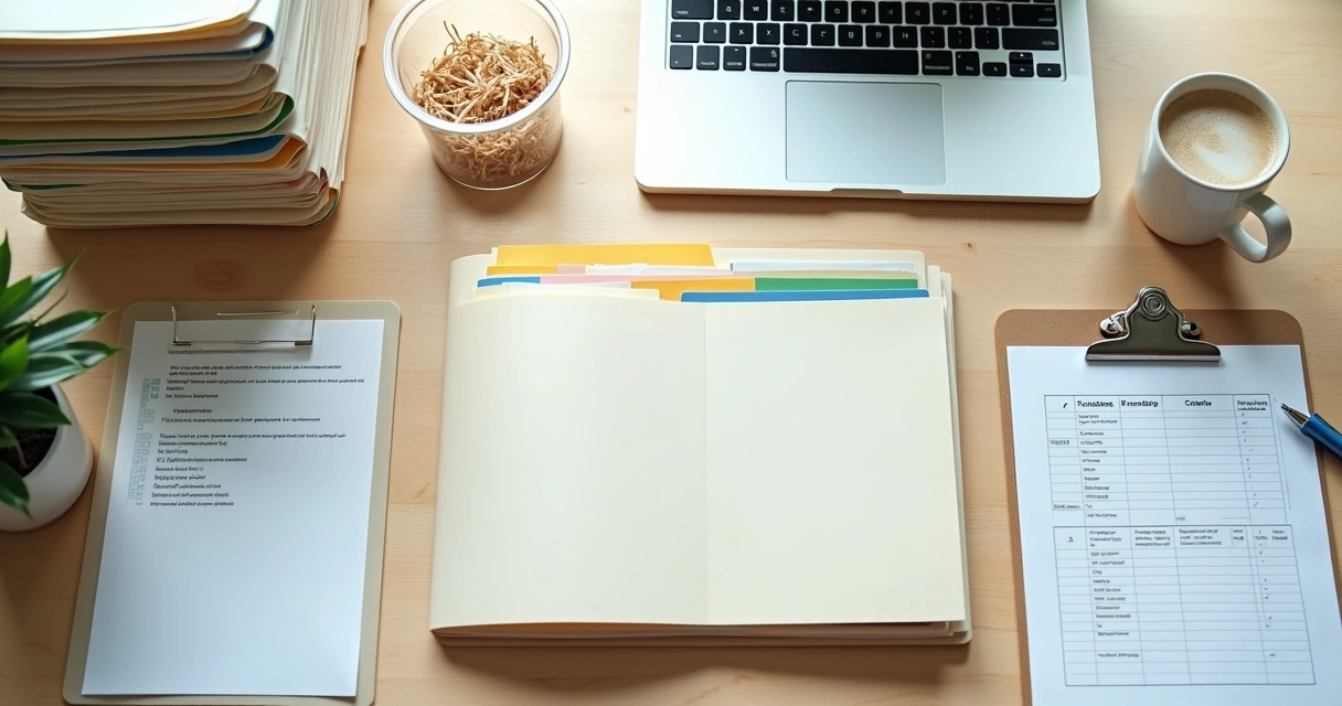 Vista superior de mesa de escritório com documentos organizados e etiquetas coloridas 