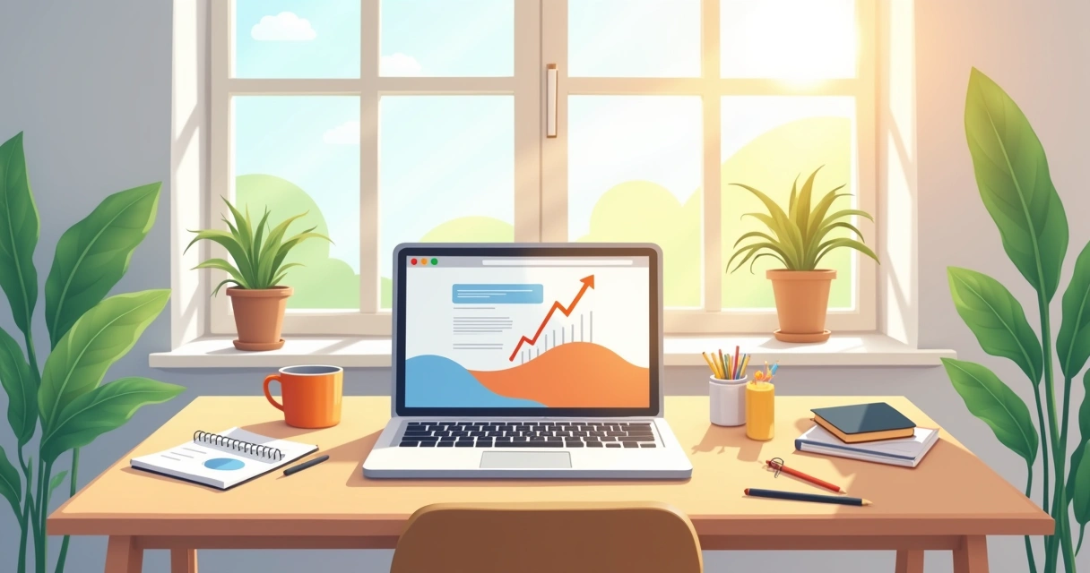 Ilustração de um escritório em casa iluminado, com um laptop, projetos pessoais e ambiente acolhedor.