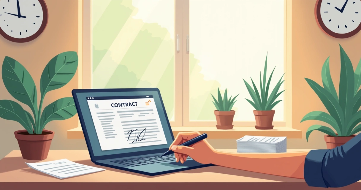 Ilustração de um escritório em casa moderno com uma pessoa assinando digitalmente um contrato em um laptop.