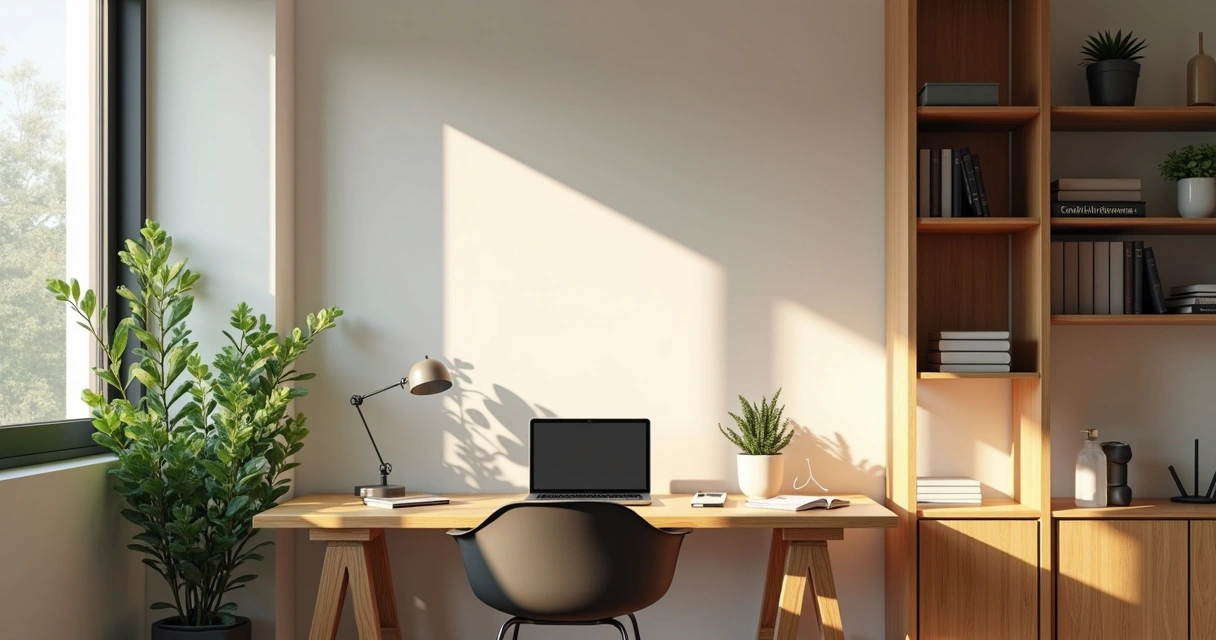 Escritório em casa com luz natural e mesa organizada 