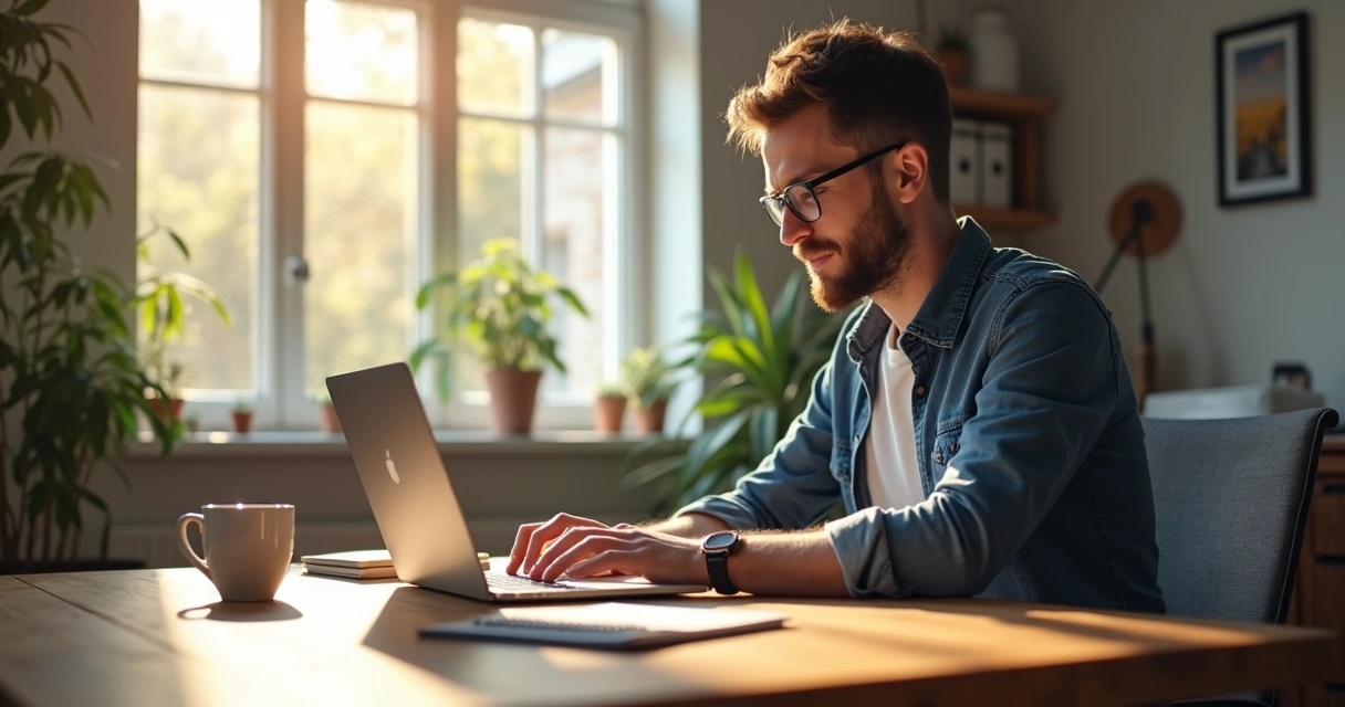 Homem usando notebook em home office com pranchetas e café na mesa 