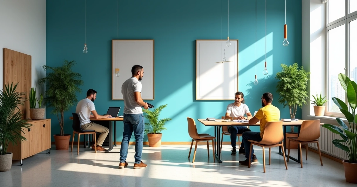 Escritório moderno em reforma, com trabalhadores colaborando, ambiente iluminado e material de construção ao redor.