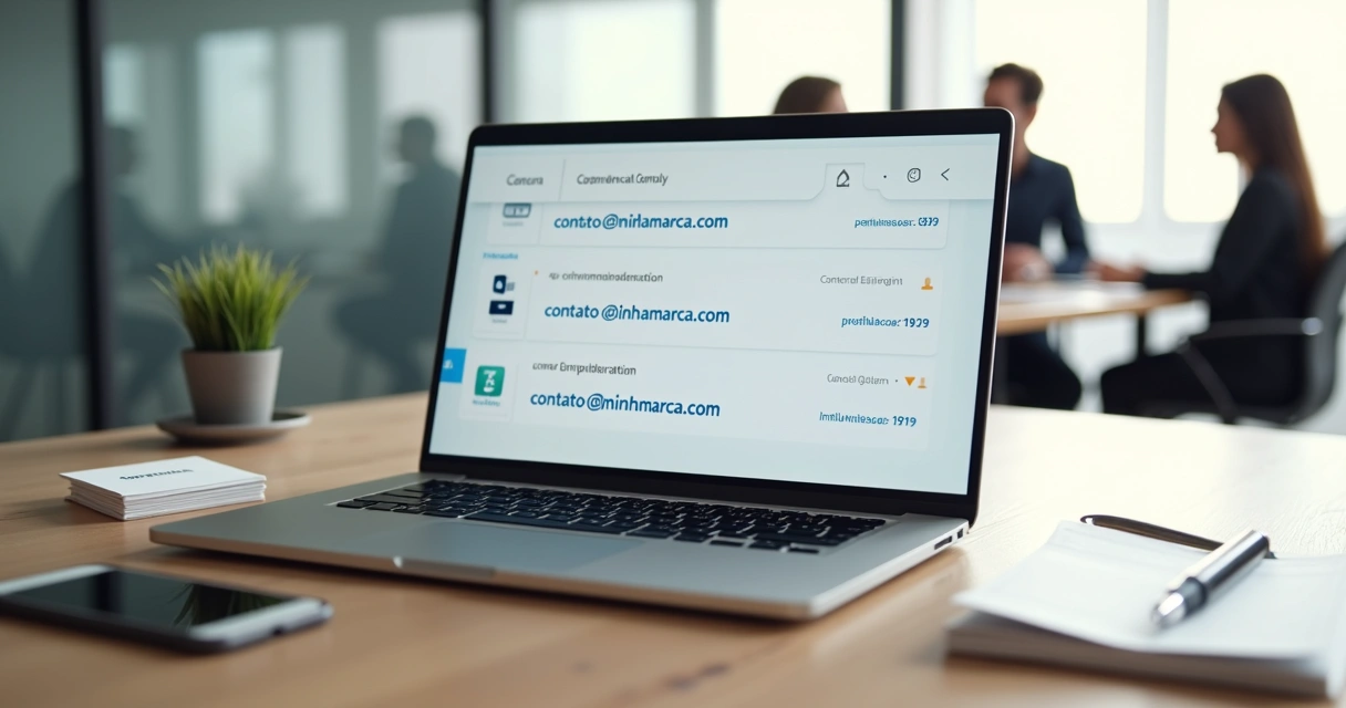 Mesa de escritório com notebook exibindo painel de e-mails corporativos com domínio próprio 