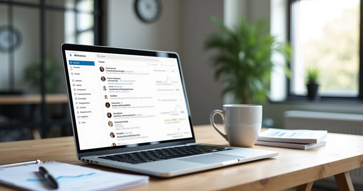 Mesa de escritório com notebook exibindo caixa de entrada de e-mail corporativo 