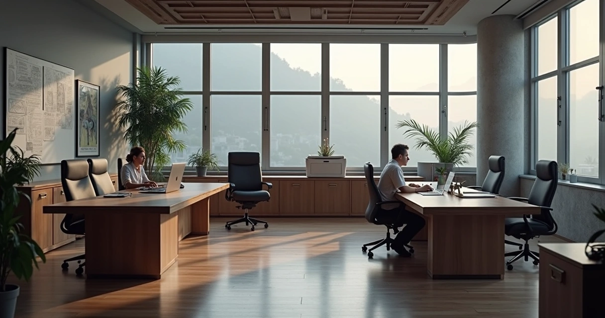 Sala de escritório moderna com impressora multifuncional em destaque e profissionais trabalhando ao fundo 