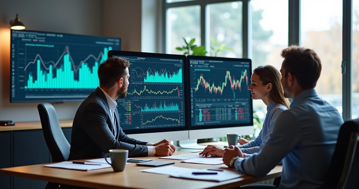 Equipe em escritório analisando gráficos financeiros na tela 