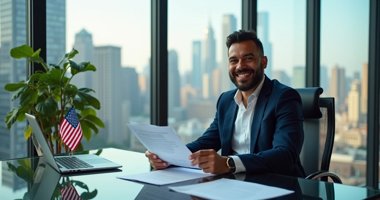 Como abrir uma LLC nos EUA: guia prático para brasileiros 1 Empresário brasileiro em escritório americano analisando documentos da LLC