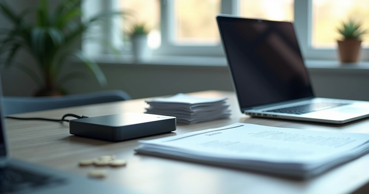 Equipamentos de tecnologia organizados em mesa de escritório 