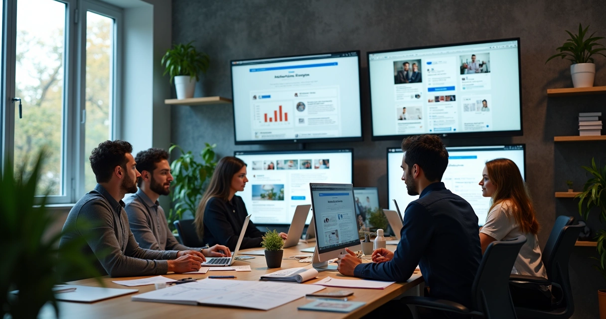 Equipe em escritório trabalhando em anúncios digitais 
