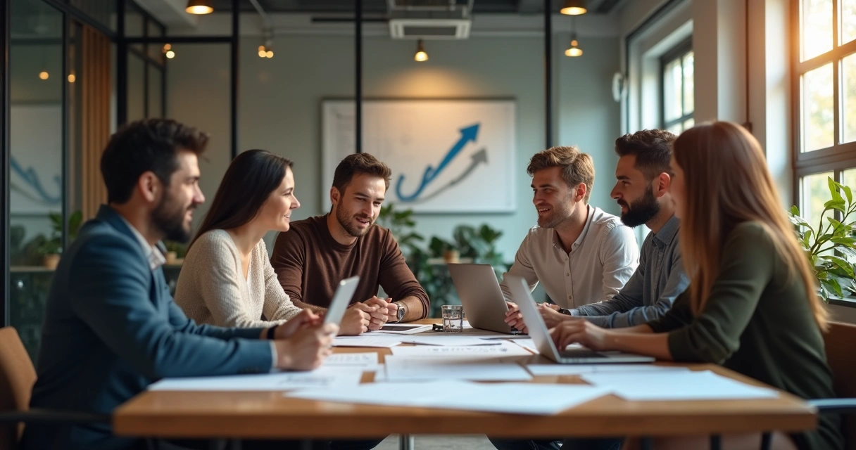 Equipe reunida em um escritório moderno colaborando em um projeto 