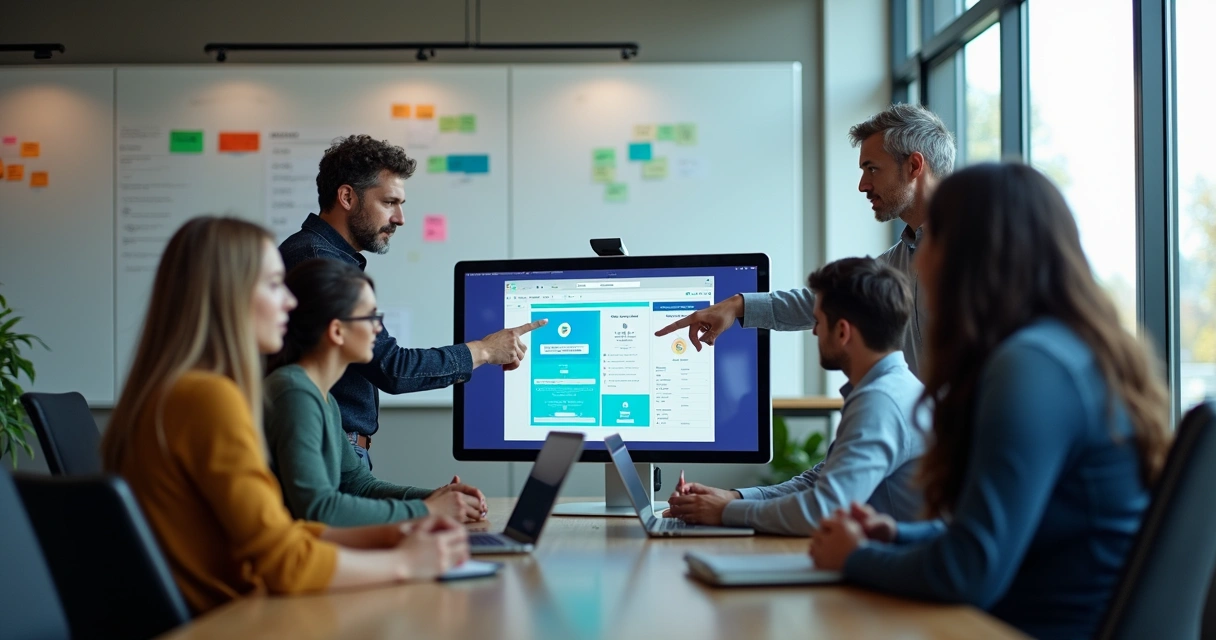 Equipe reunida ao redor de um computador desenvolvendo MVP 