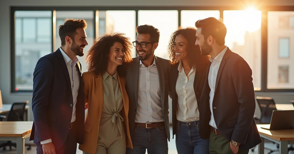 Equipe diversa se abraça sorrindo em escritório iluminado 