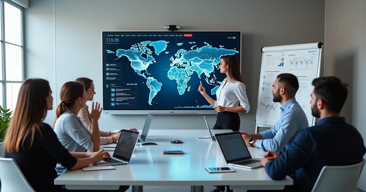 Equipe em escritório analisando projeto de IA com gráficos digitais na tela 