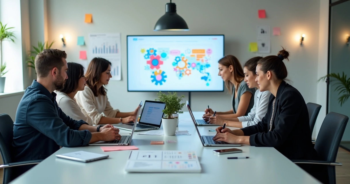 Equipe de marketing reunida em escritório moderno, discutindo campanhas digitais 