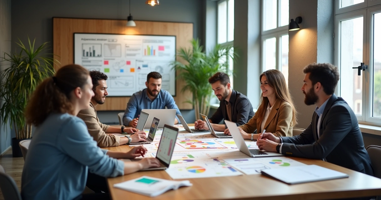 Equipe de marketing reunida em volta de uma mesa