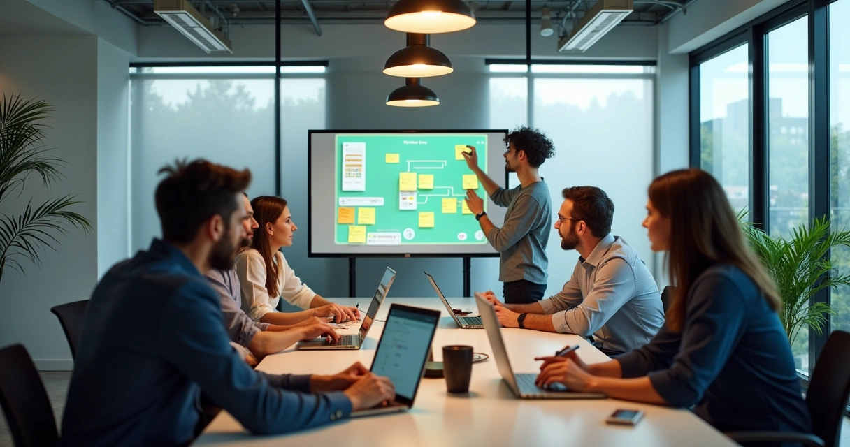 Equipe de marketing digital discutindo estratégias em um escritório moderno 